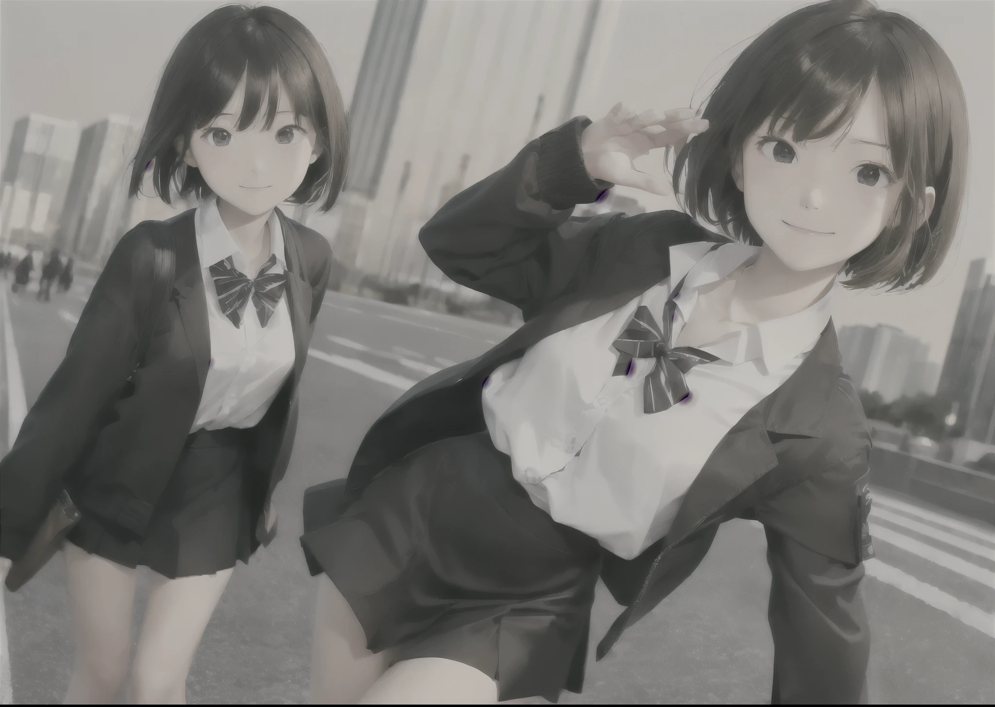 (masterpiece, best quality,extreme detAIled beautiful Eye), Optimal lighting, Perfect lighting,Look at the audience, (1 girl, Solitary,sky, City:1.3),NanasakiAI,Nanasaki_AI,
(whole body,Dynamic Angle,Dynamic poses,Smile,shining_Eye:1.2),(long_sleeve,Black_jacket,jacket,School_,Gibito_High target_School_:1.2),
(short_hAIr,Large target_breast,clavicle:1.2),Black_bow tie,Black_skirt,Wrinkles_skirt,White_shirt