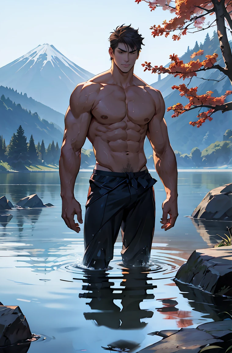 A very tall and muscular man is standing, the setting is a Japanese hot water lake with, the lighting is perfect, the man has his body in the lake, the water in the lake is warm and clean and perfectly reflects the image, the man is very hot and his body is perfect, the man doesn&#39;t wear any clothes, hot naked male