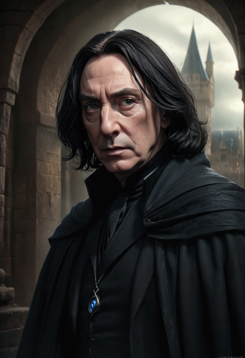 a wizard in a dark cloak, detailed portrait of severus snape, striking features, intense gaze, mysterious expression, traveling through time portal, magical energy swirling, dramatic lighting, moody atmosphere, cinematic composition, digital painting, concept art style, dark fantasy, chiaroscuro, warm color palette