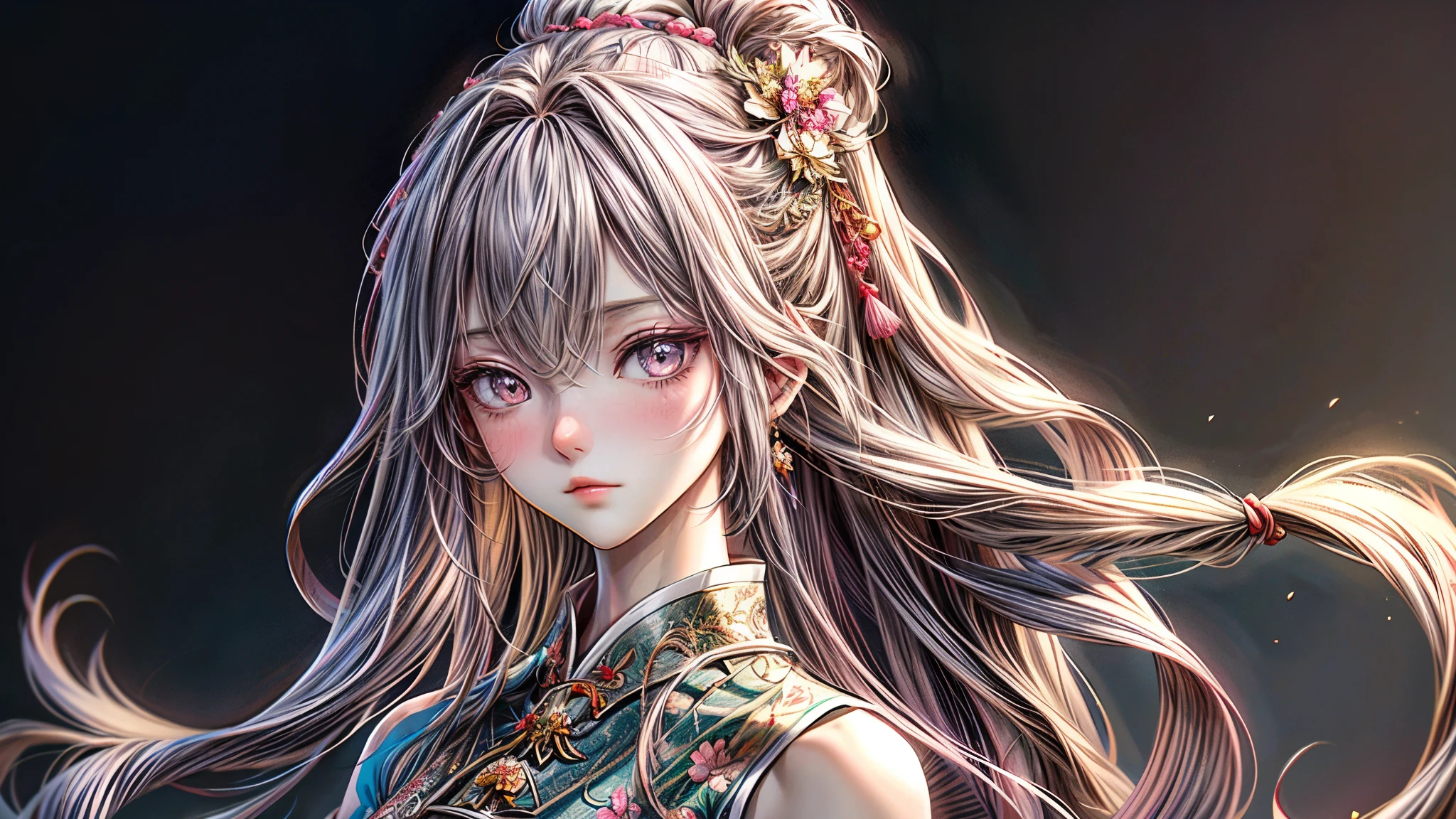 Detailed and stylized anime illustration featuring a young woman with fair skin and long, flowing hair adorned with intricate floral decorations. Her eyes are large and expressive, with delicate eyelashes. She is wearing a simple dress. The background is only gray. The color palette is predominantly pinks and soft yellows, giving the image a serene and ethereal quality. Create the character's head so that it does not get cut off. Create a character standing facing right.