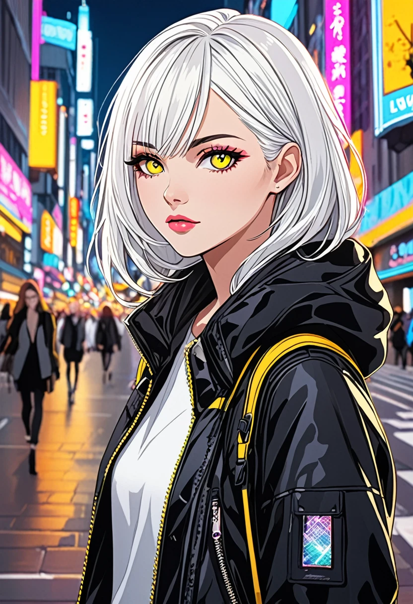 ""Create a detailed close-up artwork of a girl in a bustling city. She should have striking white hair and vibrant yellow eyes, which stand out against her modern, stylish outfit. her clothing should reflect a contemporary urban fashion, such as a chic jacket or a trendy dress. The background should feature elements of the cityscape, like neon lights, skyscrapers, and busy streets, subtly blurred to keep the focus on her distinctive appearance and captivating gaze."