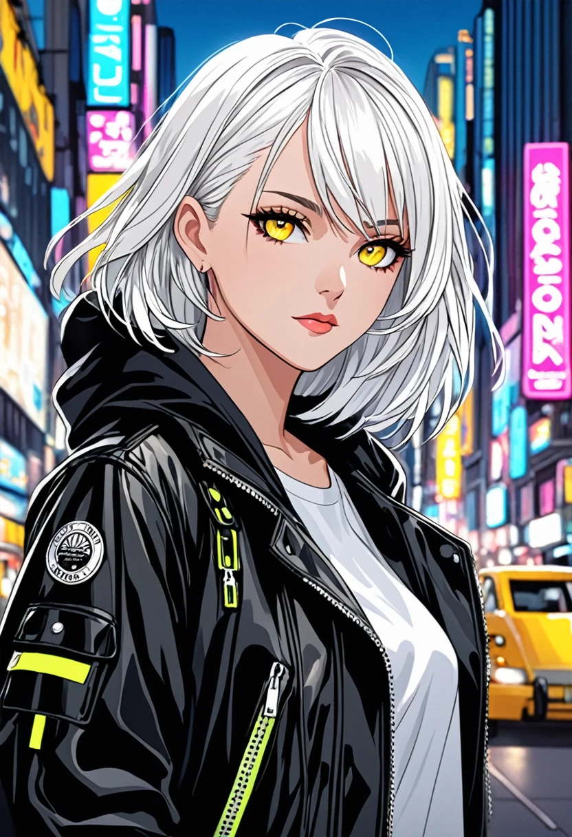 ""Create a detailed close-up artwork of a girl in a bustling city. She should have striking white hair and vibrant yellow eyes, which stand out against her modern, stylish outfit. her clothing should reflect a contemporary urban fashion, such as a chic jacket or a trendy dress. The background should feature elements of the cityscape, like neon lights, skyscrapers, and busy streets, subtly blurred to keep the focus on her distinctive appearance and captivating gaze."