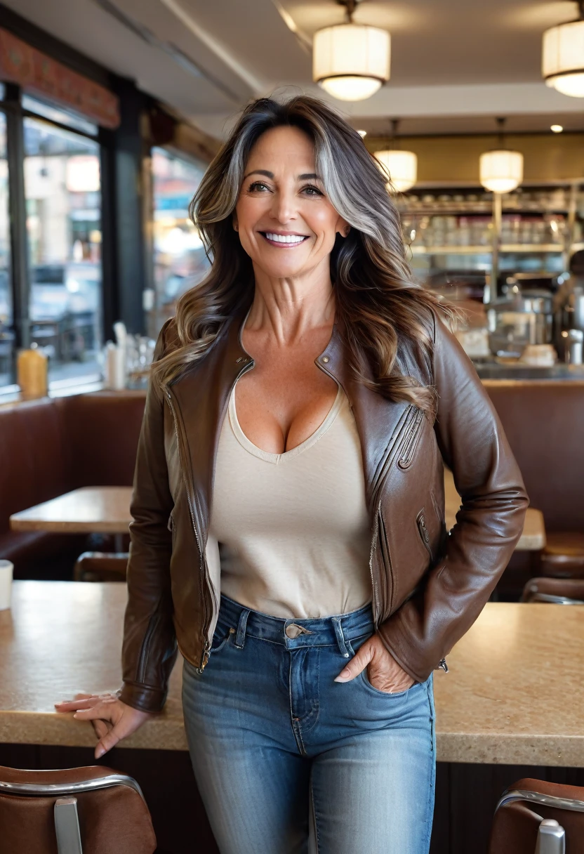 Mature woman of 45 years old full body with hair in a ponytail and dark layers falling on her face, medium size, beautiful face and perfect body, large and round sagging breasts, hands behind her head, smile, firm skin, standing in a cafeteria posing for a photo, she is wearing a brown leather jacket and a large neckline. ,beige jeans, view from behind. Mature beauty that leaves you speechless, perfect face and body, attractive, beautiful hair, beautiful milf, charming mature milf, beautiful 45 years old, beautiful milf with dark hair with blue highlights at the ends, beautiful detailed body and face, a beautiful milf, bottom of a cafe in the city, golden hour in NY City