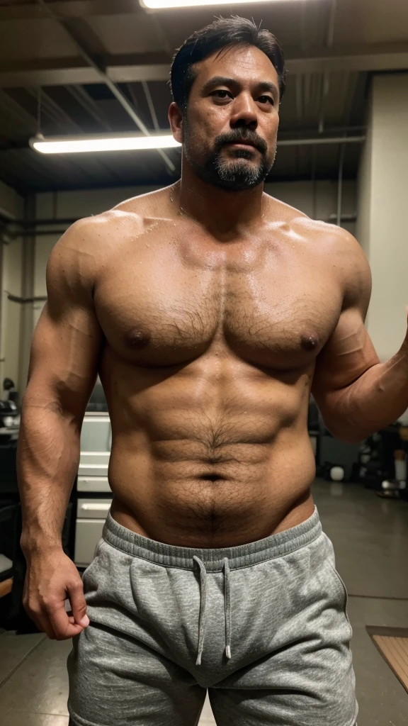 A wild plump east japanese uncle man, (55 years old daddy:1.1), 1boy, Solo, handsome, nerdy, stubbles, Short beard, small eyes, detailed eyes:1.1, big round face shape, (Detailed face:1.3), short hair, (Best quality, A high resolution, Photorealistic), Masterpiece, in the factory, RAW photo, Intricate details, hdr, depth of field, full body shot, macho, hunk, sweat buckets, manliness,sport short, muscular, bulge