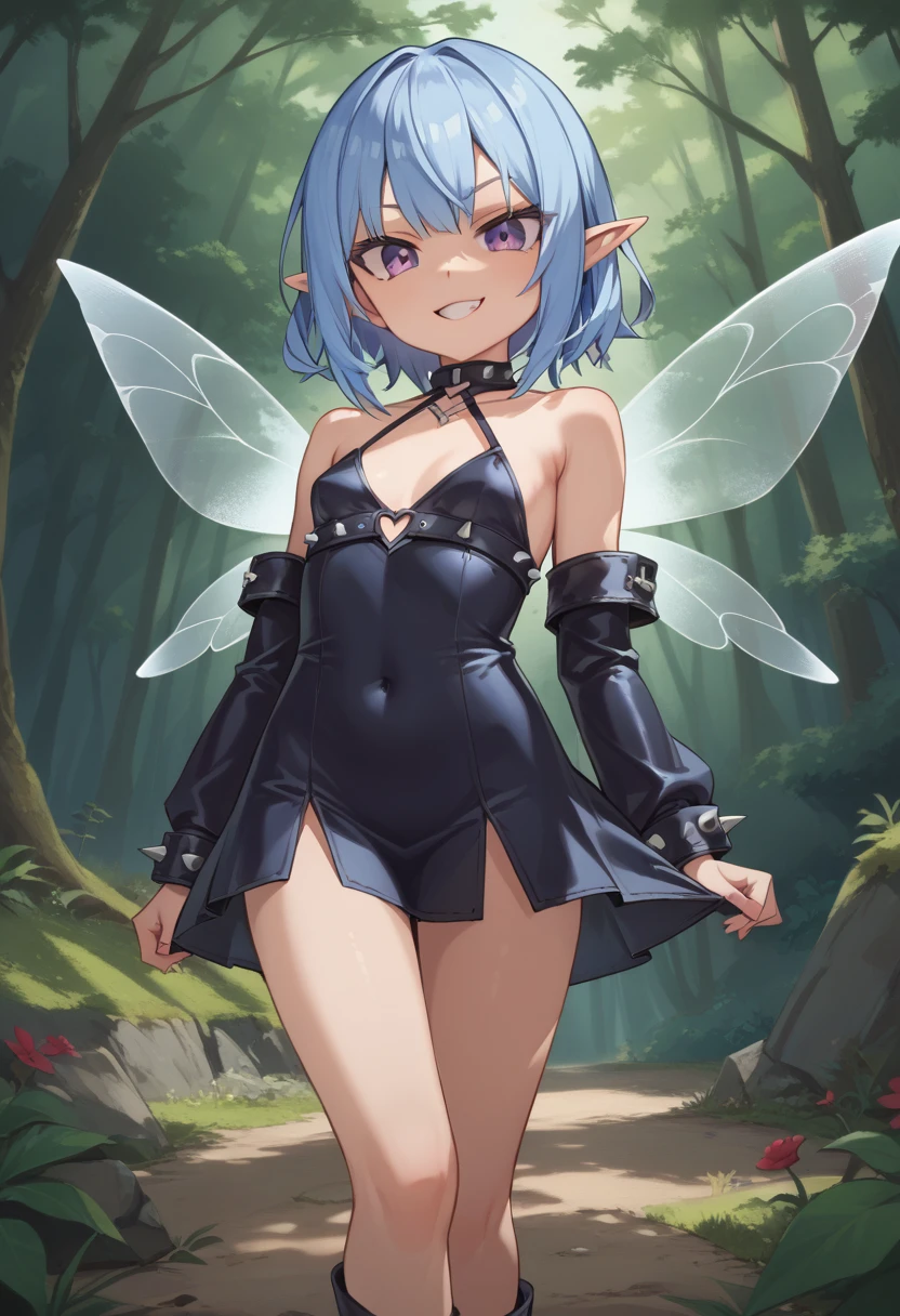 score_9, score_8_up, score_7_up, best quality, masterpiece, 4k, prefect lighting, very aesthetic, source_anime, forest background, (Dynamic Angle), 1girl, fairy, bratty, small breasts, electric blue hair, violet eyes, smug expression, translucent wings, edgy and fashionable attire, bold colors, leather accents, and spiked jewelry.