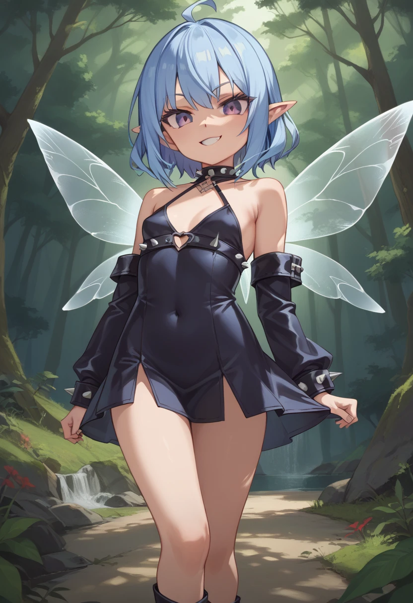 score_9, score_8_up, score_7_up, best quality, masterpiece, 4k, prefect lighting, very aesthetic, source_anime, forest background, (Dynamic Angle), 1girl, fairy, bratty, small breasts, electric blue hair, violet eyes, smug expression, translucent wings, edgy and fashionable attire, bold colors, leather accents, and spiked jewelry.