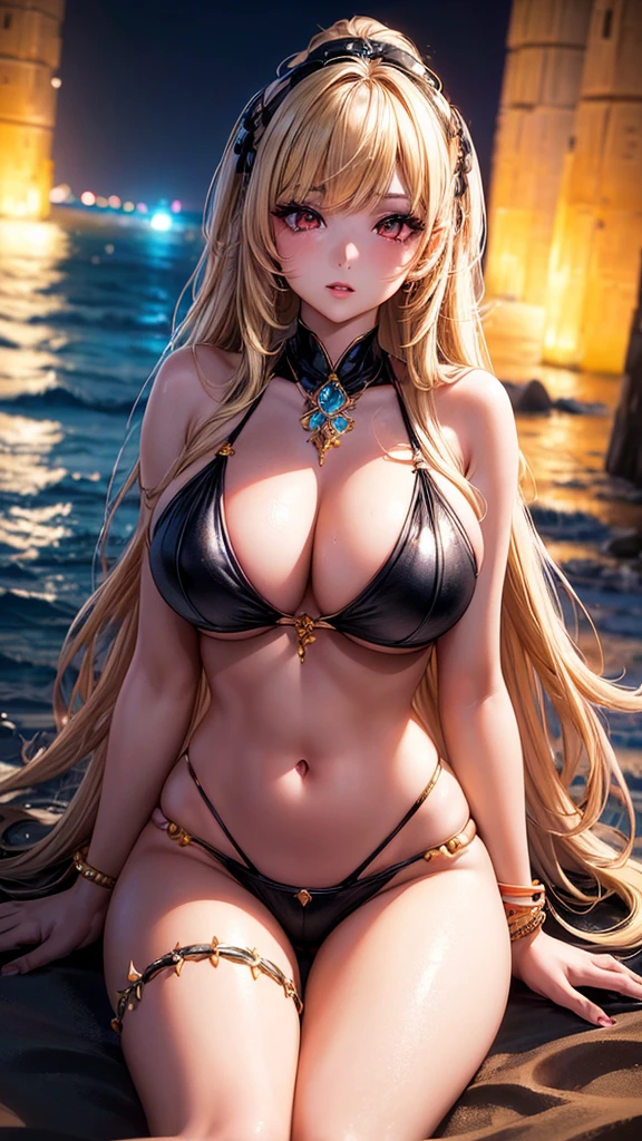 A beautiful woman in gyaru makeup wearing on the beach, beautiful portrait of a stunning goddess girl, beautiful detailed face, porcelain skin, half body shot, centered,(black hai,navel:1.2),((moonlight,night,big neons,strong neon lighting,rim lighting,two tone lighting))), sitting on the sands