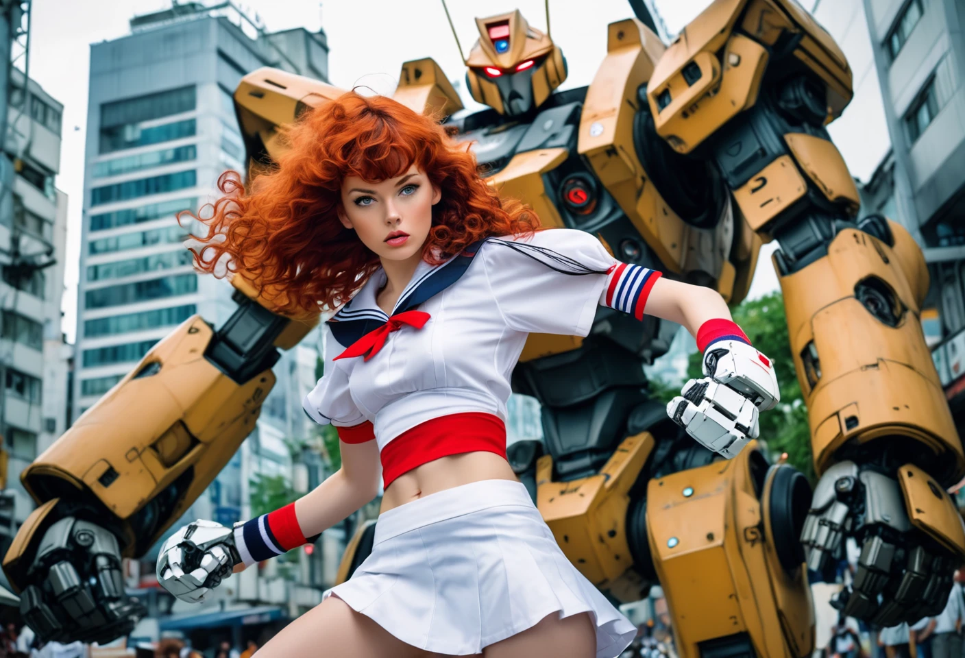 Girl fighting a giant robot. BREAK Photo of a redhead woman with perm wavy hair and bang, wearing sailor fuku, red wristbands. Fighting a Robot. Style by Masamune Shirow. Canon 5d Mark 4, Kodak Ektar, 35mm, raw file