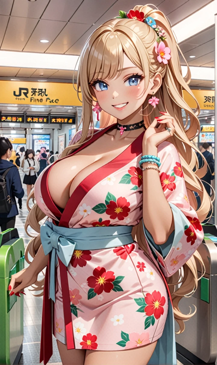 ultra-detailed, ((one girl)), (tan skin:1.6), in pastel colors gyaru, (heavy makeup), (professional lighting) hyper detailed, absurdres, 8K, Beautiful Face, (Laugh shyly), ((teasing smile:1.8)), ((Wink:1.7)), (Laugh with your mouth wide open),((Tilt your face:1.6)), View your viewers, ((Bright red cheeks:1.6)),Glossy Red Lips, ((Big Breasts:1.5)), ((undressing:1.2)), noon, Station ticket gates , ((Anime style background)),masterpiece, Highest quality, so beautiful,Latest, Complex details, ((Neon pink long nails)), (nail art), (ring),(bracelet), (Floral Choker),AI-generated, Complex,High resolution, Highest quality, super high quality,3D Images、3D Images,One person,Blonde long hair,(High Ponytail), (wavy hair:1.3), Blonde anime woman posing for a photo, ((Fine grain、blue eyes、glowing eyes:1.4)), (Squint your eyes:1.1),a hyperRealistic , hyperRealistic , Realistic,Anime woman with long pastel yellow hair, Smooth anime CG art, A girl in a gorgeous pastel-colored kimono, ((Pastel-colored furisode)),(Pink large floral pattern), Long flower hair ornament,Floral Earrings, Mature Body, tall,Narrow waist, ((from side))