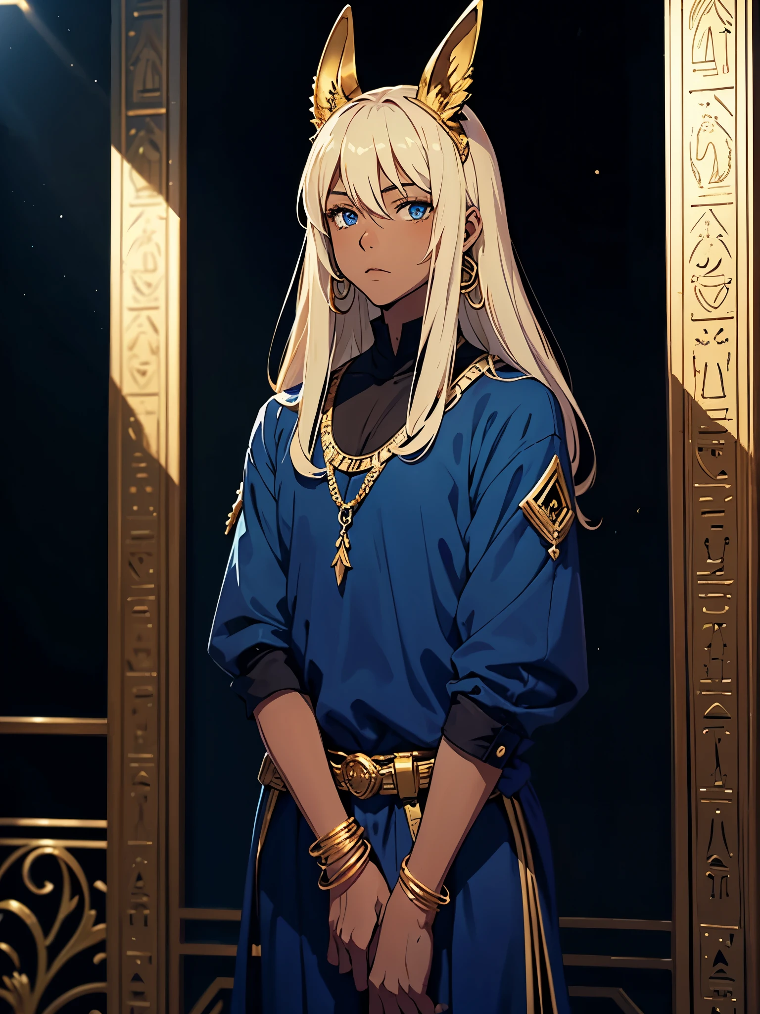 Dunklere Haut. More anime style. cutie pie. アニメ! age boy. Egyptian deity Anubis. Egyptian blue clothing. Blue clothes. long blond hair. Lots of gold jewelry. dark skin. Egyptian. dazzling blue eyes. mystical. divine.
