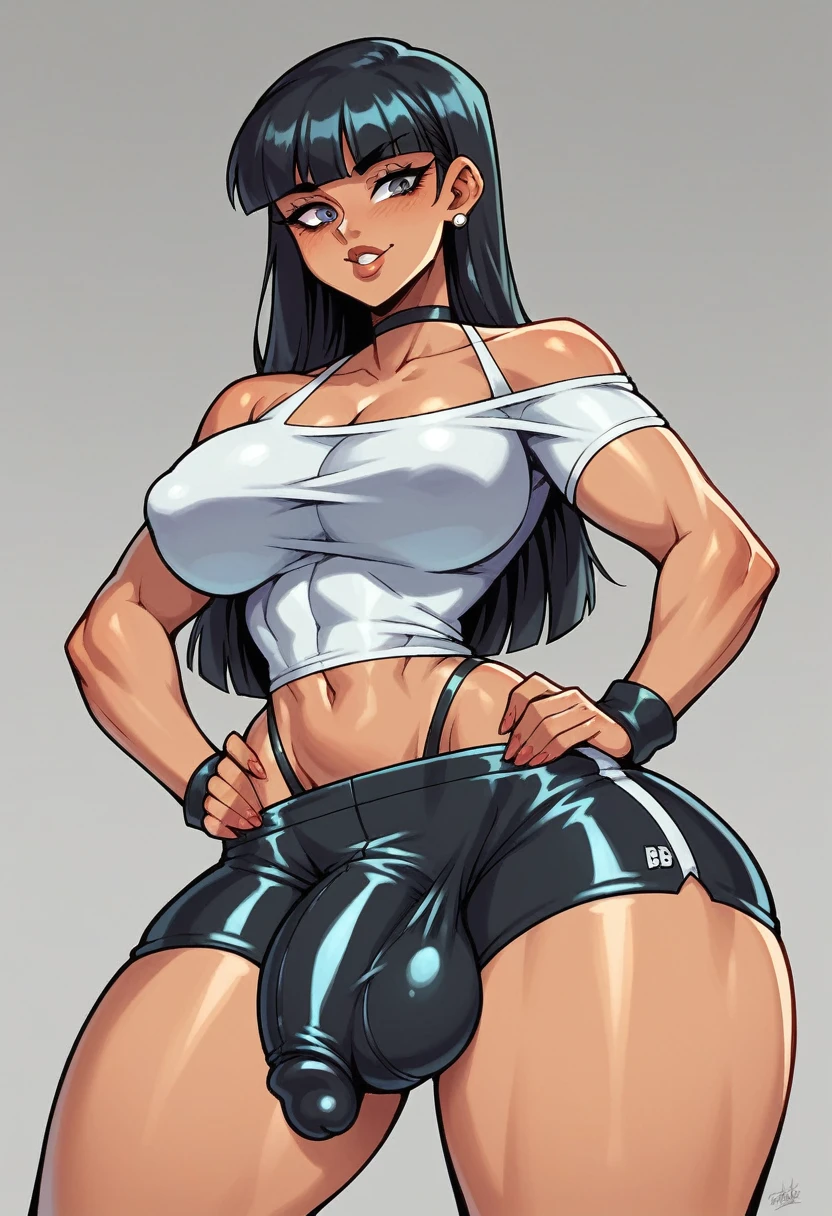 mommy, Sexy Japanese girl with dick, big hips, tight black shorts, black tight top, shemale, futanari, sexy pose, Tashkent, busy street, horny provocative pose, big bulge in the shorts (balls and penis), black straight hair, white skin, Blackman standing near her