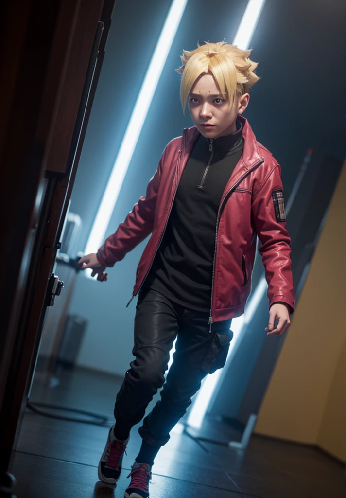 uzumaki boruto, One boy, Male Focus,(dramatic, Grainy, intense:1.4),masterpiece, Highest quality, 8K, 非常識なdetailed, Intricate details, hyperdetailed, super high quality, High detail, ultra detailed, masterpiece,Upper Body, close,(Imide Shot,Macro photography:1.25),Holographic Reality, Holographic Halo, Motion Blur, Game light effect, Rim Light, Soft Light, movie Rim Light, Delicate Light, Cyberpunk Style, Studio Lighting,Artistic Rendering Style,Bright colors, Full Body Shot, 3D Artist, detailed, Futuristic, lightning,Real,