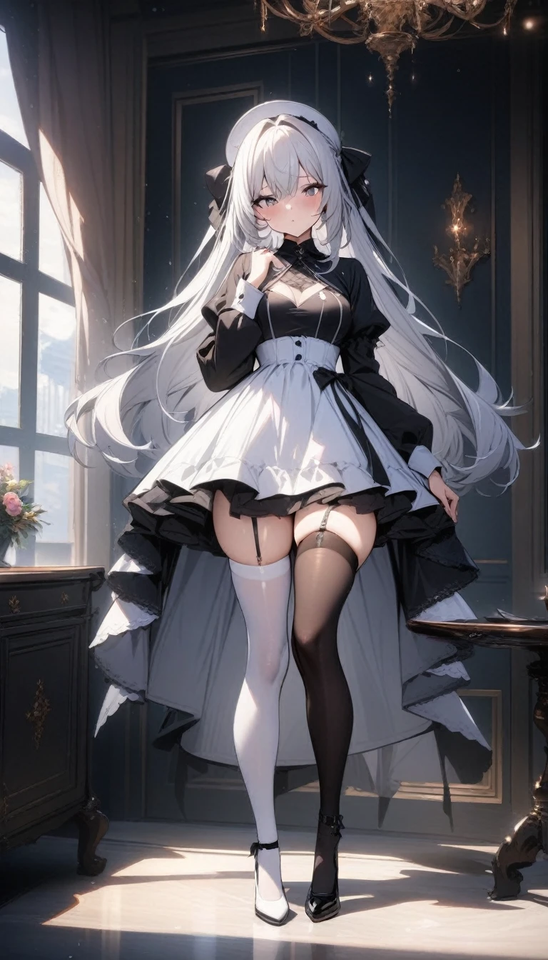 masterpiece, best quality, very aesthetic, absurdres, 1girl, dress, standing, full body, thighhighs,one thighhigh is white, another thighhigh is black, white stocking, black stocking