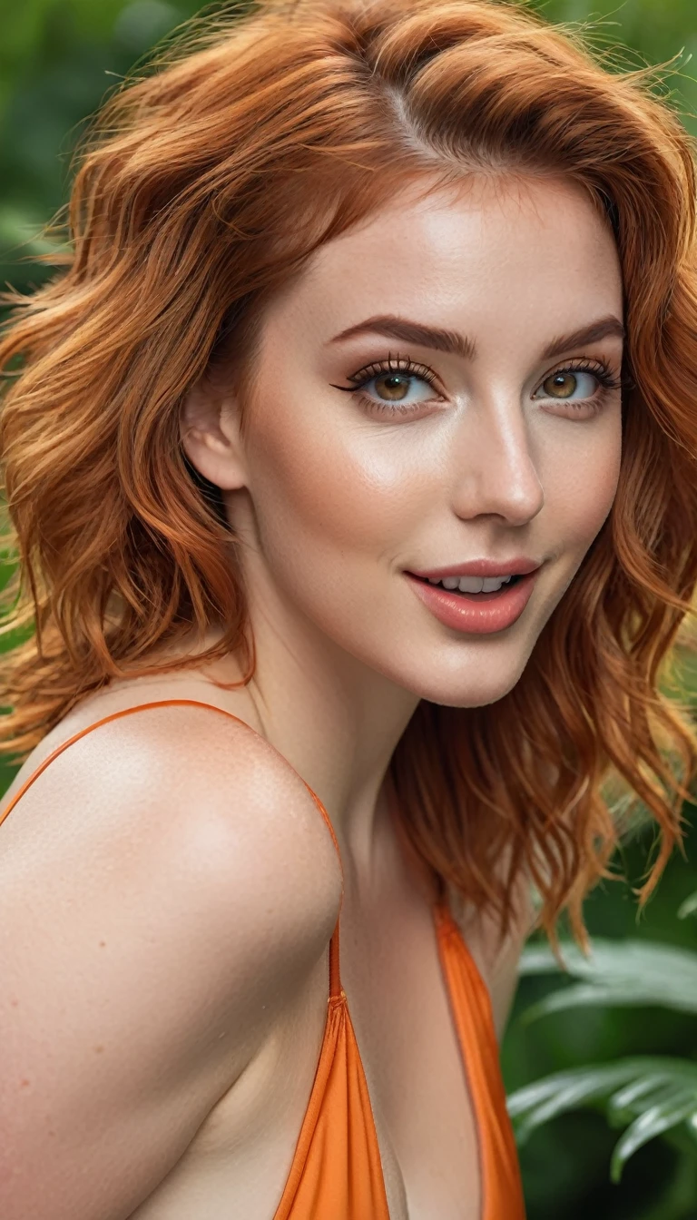 ultrarealistic high quality upperbody photo of 2 beautiful busty european 25-year-old women with cute hyperdetailed shy happy face and natural redhead short messy hair and long legs, realistic round hazel eyes, natural lips, decent makeup with eyeliner, wearing shiny metallic orange onepiece swimsuit, hourglass body, outdoor shooting