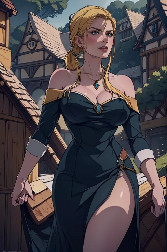 photorealistic,realistic, solo, photorealistic, best quality, ultra high res, 1girl,, sits , blonde hair in a ponytail, (big boobs), wearing a small short dress ( in Brown leather),off-shoulder,strapless, breeze blowing through the grass,, , 1girl, ((Middle Ages)), (((medieval fantasy))), ((viking)), beautiful, masterpiece, best quality, extremely detailed face, perfect lighting, 1girl, solo, (((sad))), , best quality, ultra high res, photorealistic,, ultra detailed,, masterpiece, best quality, , nancy1, large breasts, cleavage,