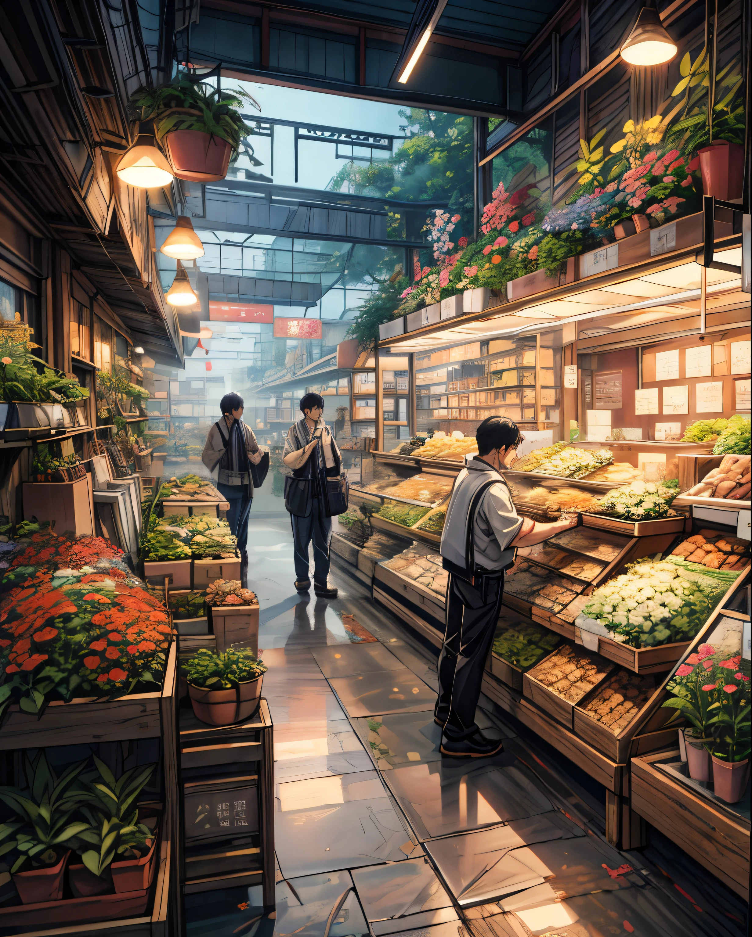 There are lots of plants and flowers outside the store., Detailed store, Florist Scene, Jan J, Anime Background Art, convenience store, by Kamaguruka, Cozy and welcoming atmosphere, Written by Nie Yuanlu, Detailed Landscape—Picture 672, Magic Shop, Detailed), Dreamy atmosphere, Arthur Pang, Highly Detailed Scene