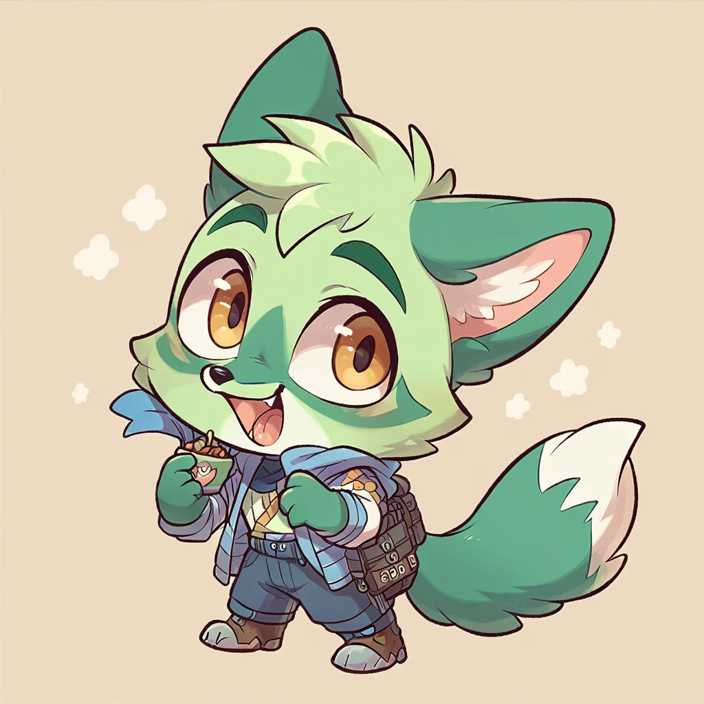 little fox, boy, green fur, chibi, cute