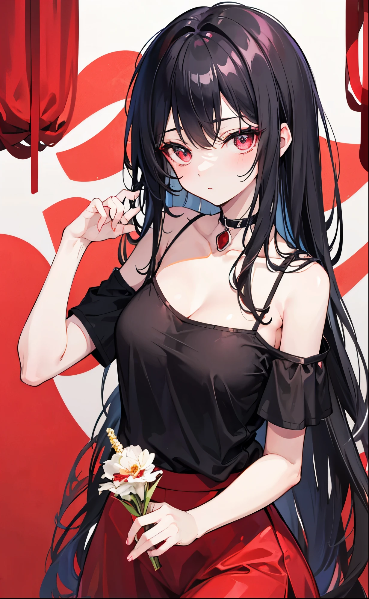 Black long hair，Scarlet eyes，Off-shoulder black camisole shirt，Crimson skirt，Bad sister，big sister，Red decorations