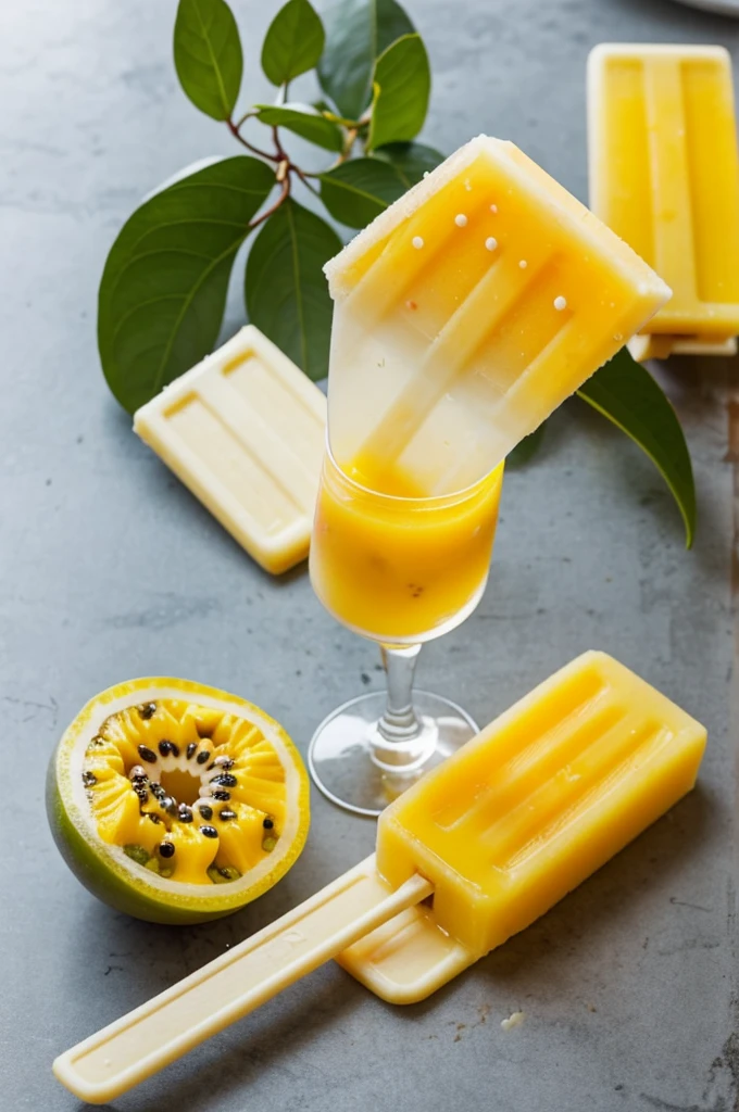 Passion fruit popsicle shaped like a mold of a small glass with mango and passion fruit on the side