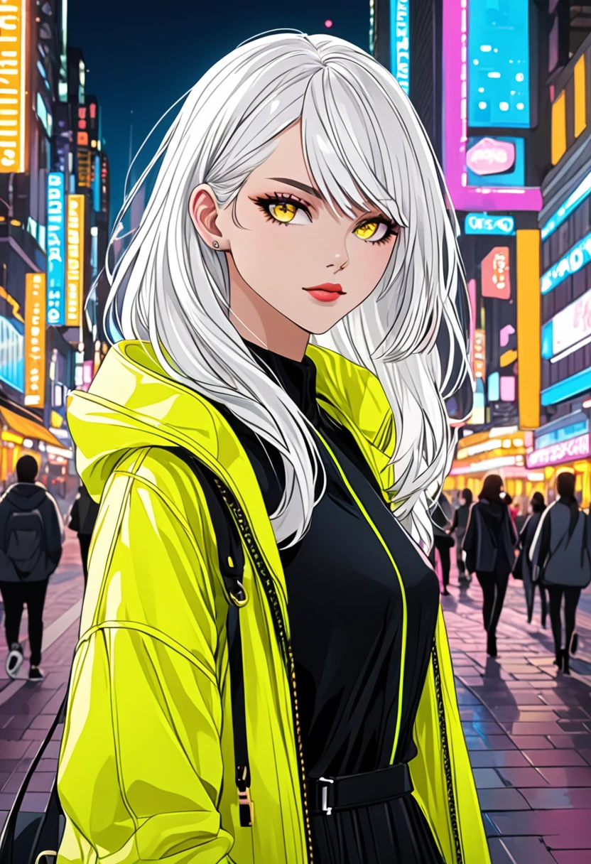 "Create a detailed close-up artwork of a girl in a bustling city. She should have striking white hair and vibrant yellow eyes, which stand out against her modern, stylish outfit. Her hair should be styled in a sleek or fashionable manner, and her clothing should reflect a contemporary urban fashion, such as a chic jacket or a trendy dress. The background should feature elements of the cityscape, like neon lights, skyscrapers, and busy streets, subtly blurred to keep the focus on her distinctive appearance and captivating gaze."