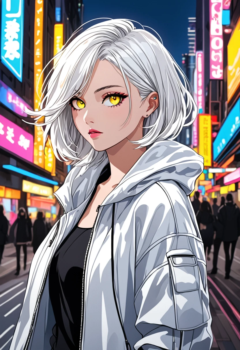 "Create a detailed close-up artwork of a girl in a bustling city. She should have striking white hair and vibrant yellow eyes, which stand out against her modern, stylish outfit. Her hair should be styled in a sleek or fashionable manner, and her clothing should reflect a contemporary urban fashion, such as a chic jacket or a trendy dress. The background should feature elements of the cityscape, like neon lights, skyscrapers, and busy streets, subtly blurred to keep the focus on her distinctive appearance and captivating gaze."