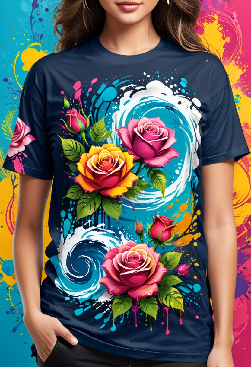 A t-shirt with vector art featuring a colorful illustration of roses, At the center, swirly vibrant colors, paint splashes and smears, high détail,Hawaii Background
(work of art, best qualityer, proffesional, perfect composition, very aesthetic, absurdrez, super verbose, details Intricate:1.3)