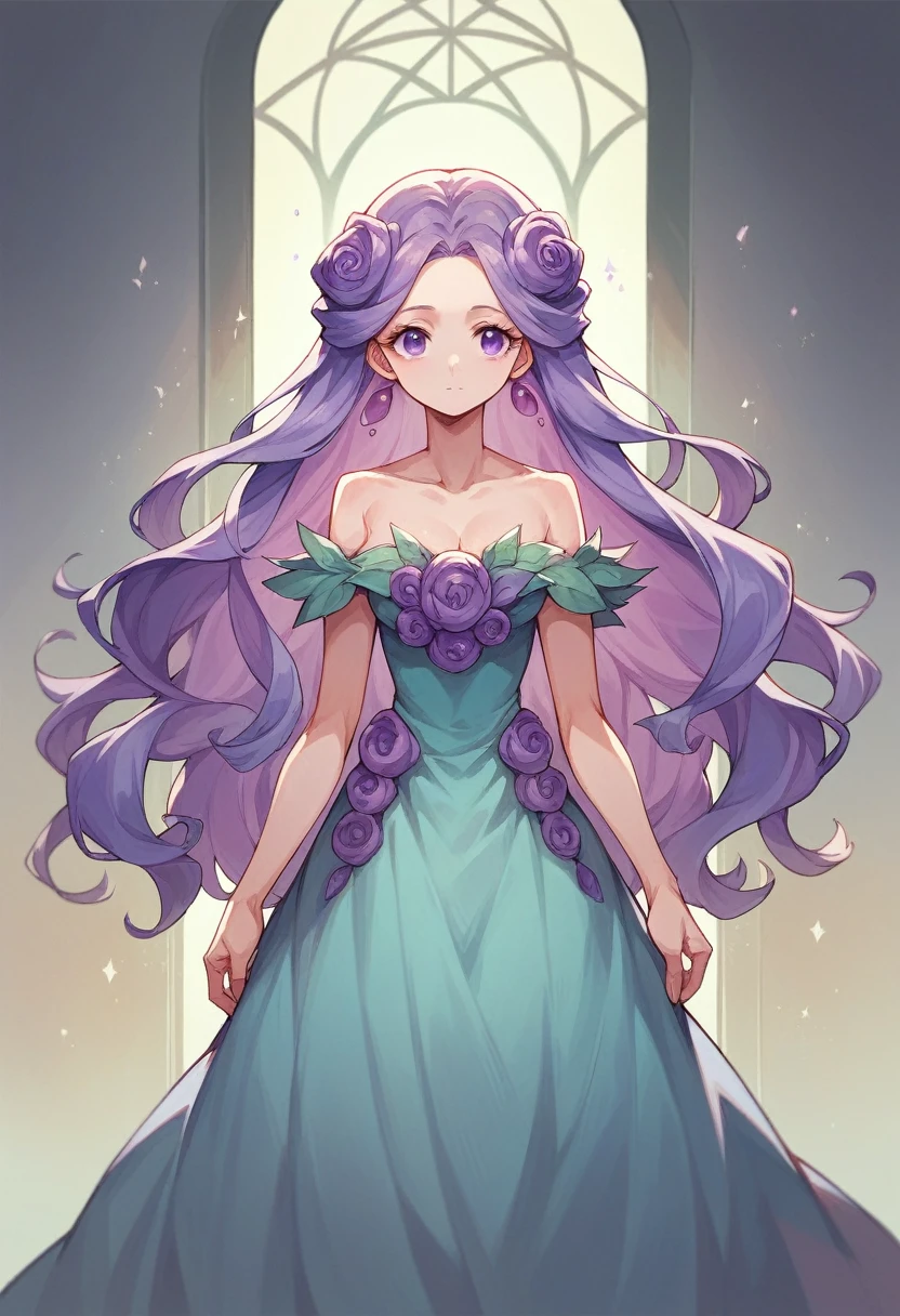 beautiful goddess hera with long purpura hair, purple eyes, long lilac dress, no background