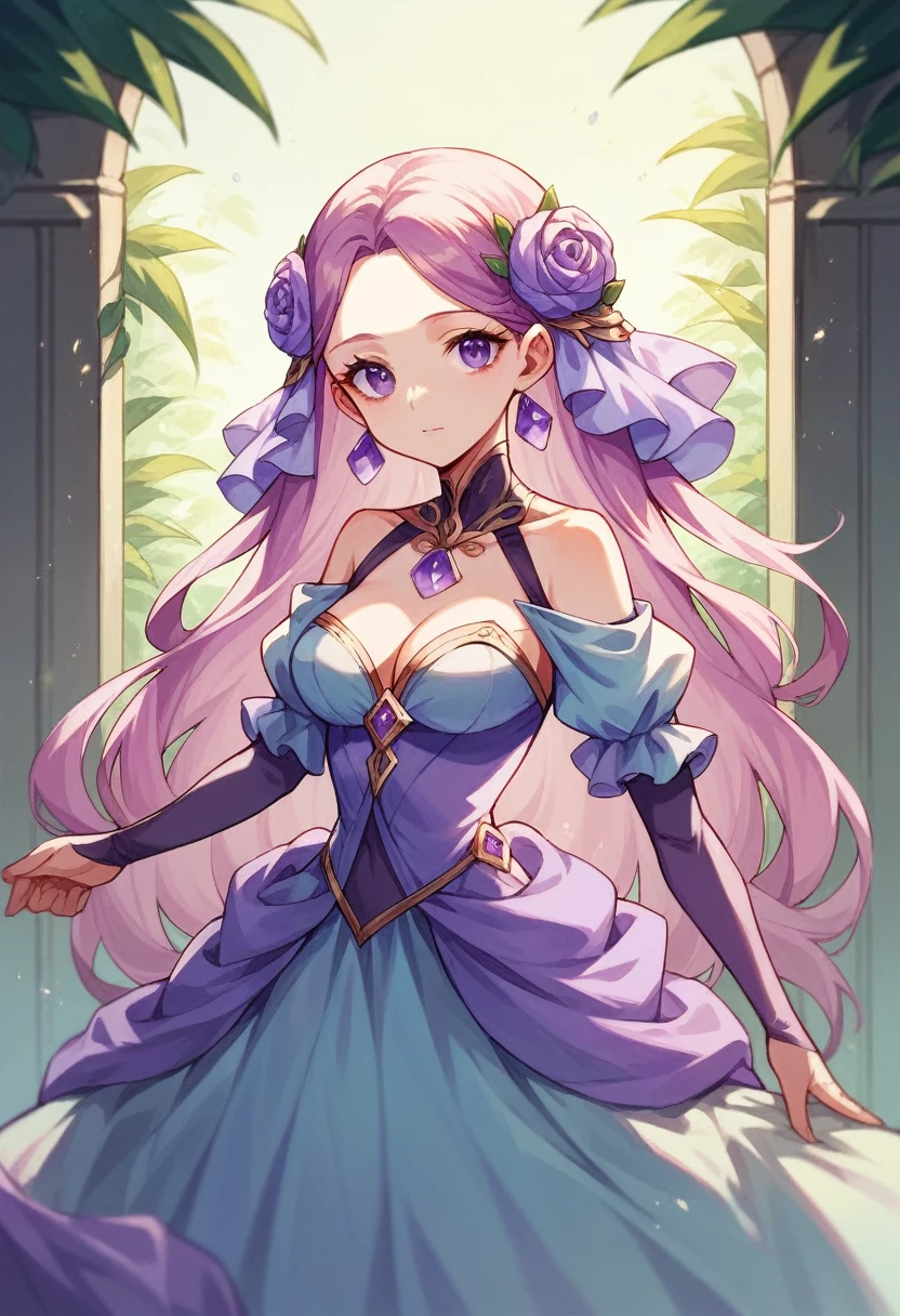 beautiful goddess hera with long purpura hair, purple eyes, long lilac dress, no background