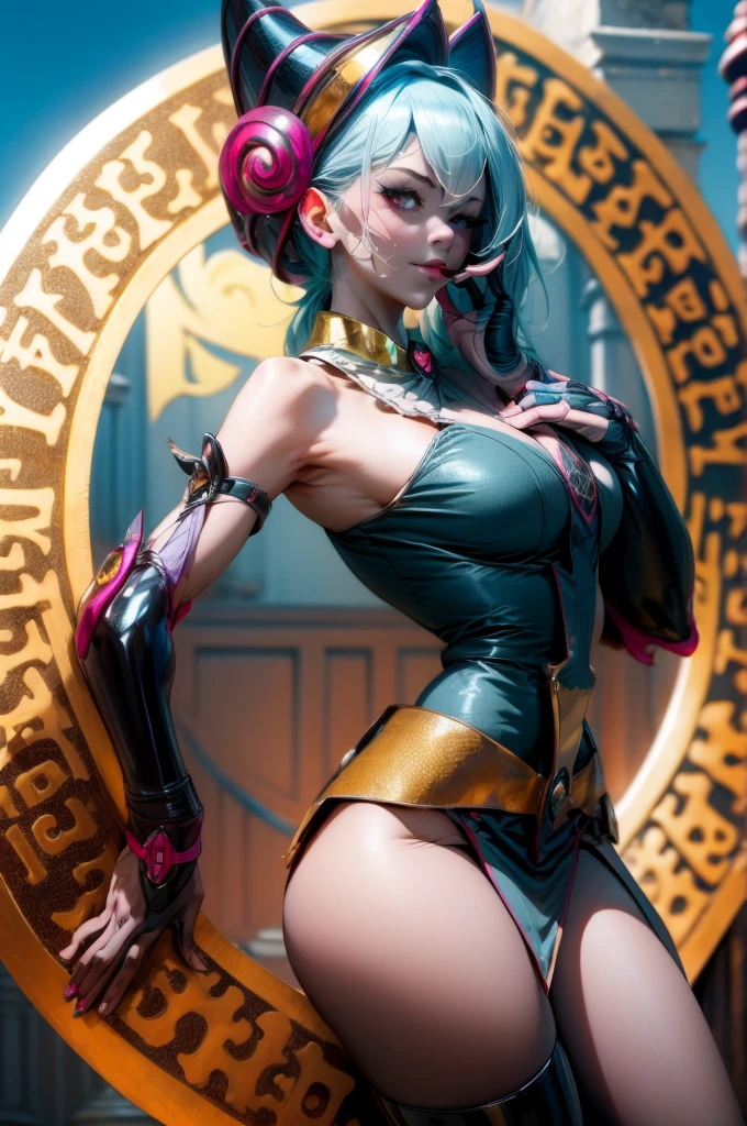 Beautiful dark mage (Masterpiece: 1.2, The best quality), (1 , only), big breasts, (dynamic posture), (shiny skin, Redskin carmesí), Redskin carmesí, Dark Maga Girl Sezy Demon Version, Redskin, Thin and lace gloves, ( little demon horns:1.1), (Lilith \(dark stalkers\)), (sky), fringe, (joya, golden ornament:1.15 ), pelvis grande, blue (shackles:1.1) Dark Magician Girl Sexy Demon Version. Magic circle and magic hearts... magic hearts