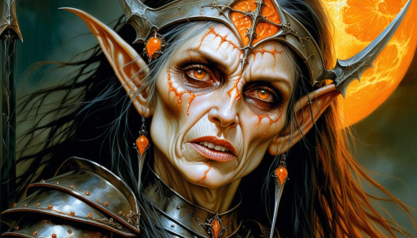 Highly detailed, UHD, 32k, medieval fantasy,heavy metal magazine cover, oil on canvas, luis royo style. An elderly female elf heroin wounded, agonizing face, she is clad in an armor made out of a blackish metal with an orange glint, and she is holding a spear made out of a blackish metal with an orange glint