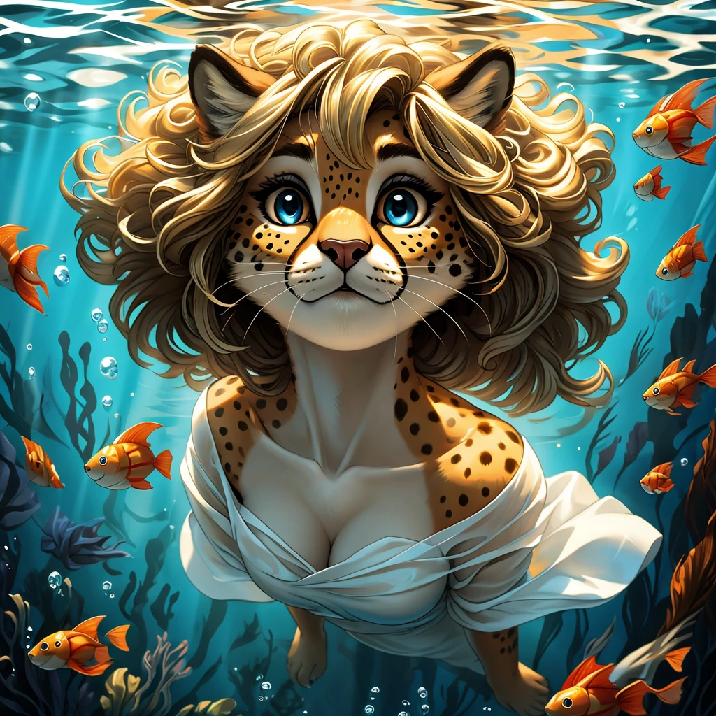 high resolution, high quality illustrations, unparalleled work of art(Film of Life)(Peludo anthro:1.7)Absurd resolution (beautiful face and highly detailed eyes)Expression, Caustics, deep shadow, angle looking underwater alone, furrygirl, young cheetah, blonde body, with black spots. detailed body skin, work of art, face detailed, detailedeyes, no muscles, detailed hands, woman body, white gown, blondie hair,feline, looking away, looking up underwater, water reflections.