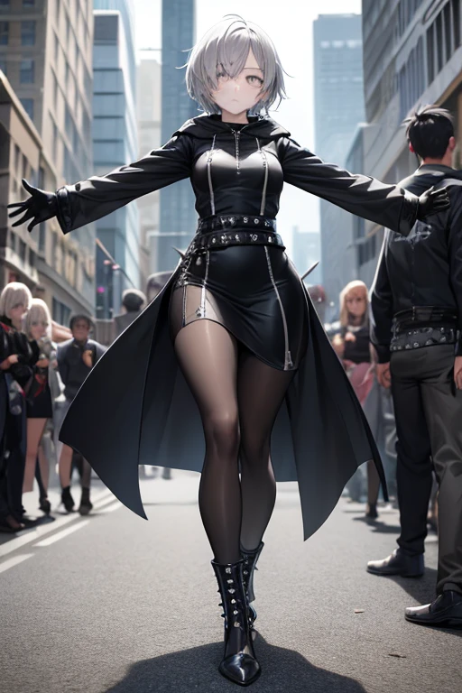 ((best quality)), ((masterpiece)), (detailed), 1 girl, Full body, 18 years old, Depressed face, Silver eyes, Outstretched arms, Covered eyes, Silver hair, Somewhat short hair, Spiky hair, Bangs, Strand of hair covering eye, Full body, Very tall, Athletic, Small breasts, Slim, Gray zippered hood, Metal spikes, Gray wristbands, Long black gloves with spikes, Gray gothic dress, Gray dress with metal spikes, Metal emblem, Tight fit, Black belt, Black pantyhose, Black boots, Walking through the city, Giant metal spikes sticking out on the street, City background, Gray clothes, Superhero, Anime, Hugging a bunny doll in her arms
