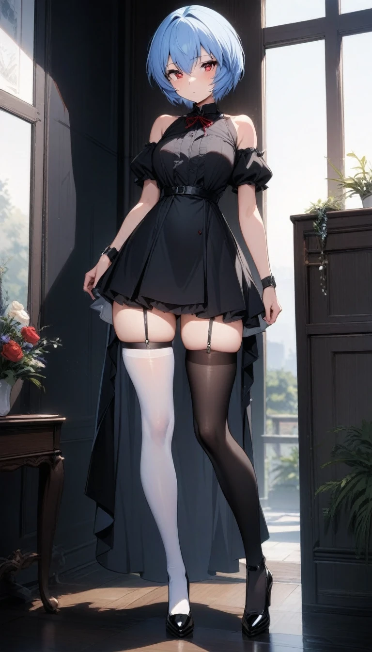 masterpiece, best quality, very aesthetic, absurdres, 1girl,Ayanami Rei, short hair,blue hair, red eyes, dress, standing, full body, thighhighs,one thighhigh is white, another thighhigh is black, white stocking, black stocking