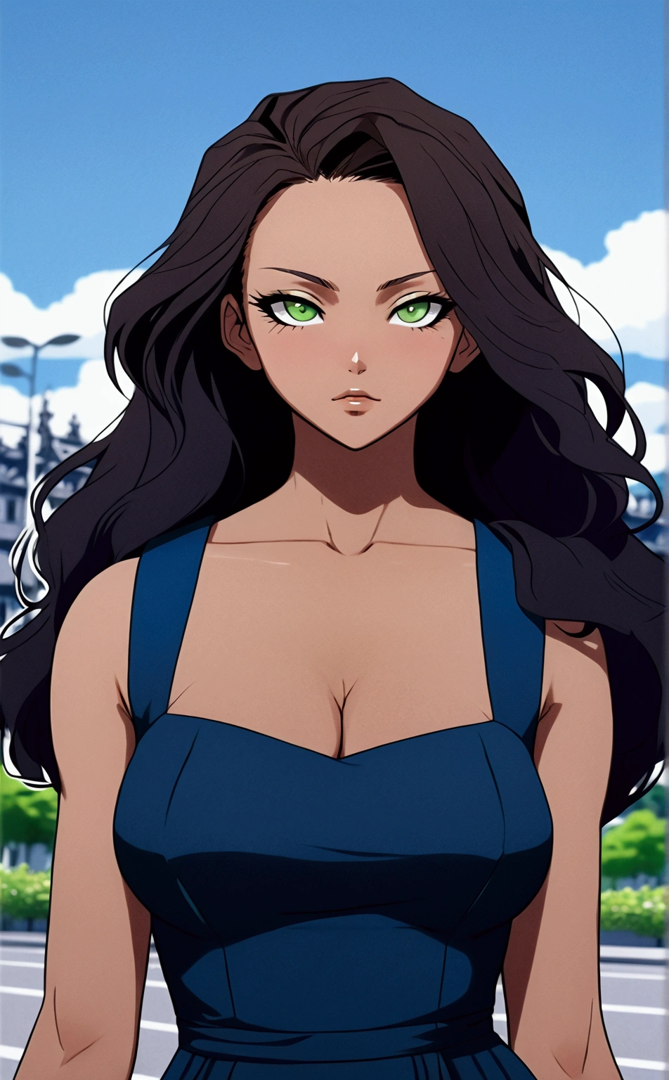 Animation boku no hero academia, dark skinned girl, dark brown hair and bright green almond eyes. She wears a long dark blue dress and black heels., background of a park