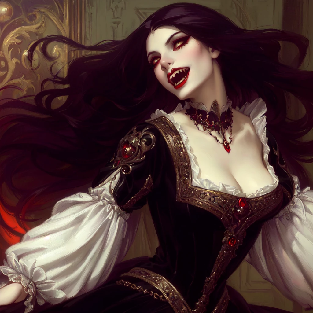 arafed woman in a black dress with a white collar and a red and gold necklace, carmilla vampire, woman vampire, female vampire, tom bagshaw donato giancola, gothic fantasy art, caravaggio and artgerm, liliana vess, alluring mesmer woman, vampires fantasy, beautiful female vampire, beautiful vampire female queen