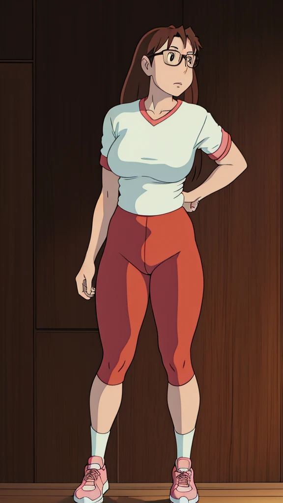 Koyomi Mizuhara, girl, brown hair, long hair, glasses, brown eyes, shirt, biker short leggings, medium breasts, short socks, shoes, Wallpaper, standing up, luscious lips, Back of view, slim waistline, wet shirt, abs, curvy, bent over, thighs spread