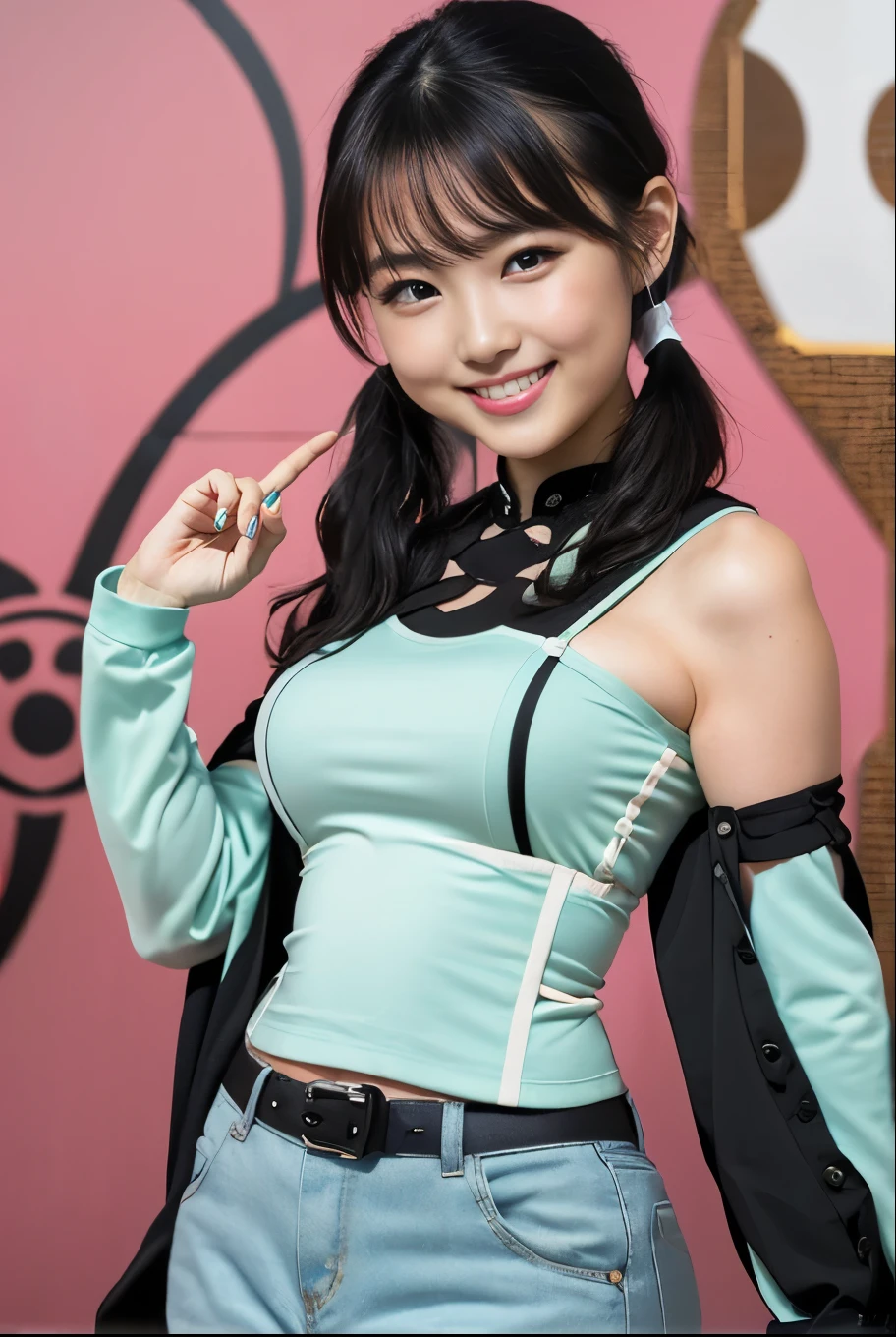 （8K、Raw photography、Highest quality、masterpiece：1.2),(Black Hair、Dark Eyes:1.9),(:1.6)、View your audience,Viewed from the front,White skin,(Twin tails:1.4)、(Tight waist:1.6)、(Clothes that accentuate the shape of the breasts:1.0)、(Big Breasts :1.3)、Slim figure、Ultra-high resolution,beautiful,beautiful fece,(One person、No background:1.9),whole bodyボディー,Japanese women,（reality的：1.37）、Photon Mapping,reality、(Baby-faced and cute: 1.4)、(Cute Smile: 1.8)、(Round face: 1.8)、Radio City、Physically Based Rendering、Depth of field rally background、photograph, (I can see your knees、Thigh close-up:1.8),（:1.6）,whole body、Great quality