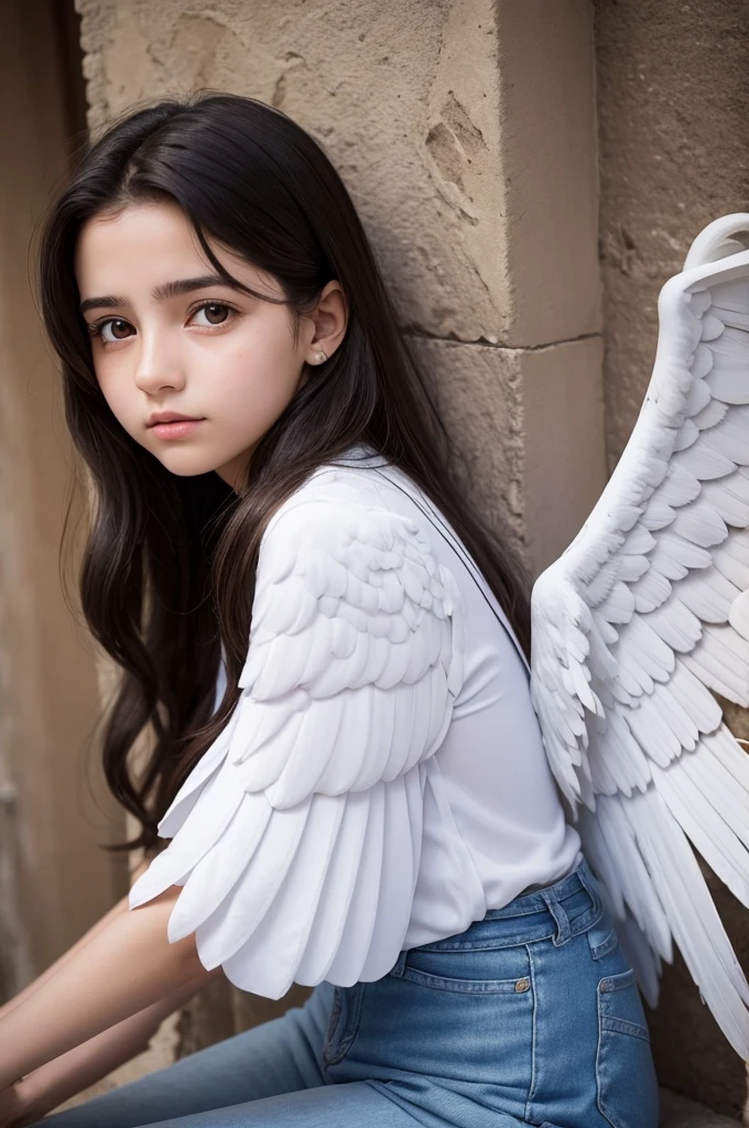 younger ángel girl, (((angel wings))) dark brunette, hair straightened, (((robust build)), ((((very small breasts))) (((small person))) bokeh effect, natural light, out of focus, jeweler&#39;s, standing flirting with the viewer, smiling appearance, Pearl Necklace, bracelet, sunset, topless, estilo sonriente, (((panties color blanco))) view from below 