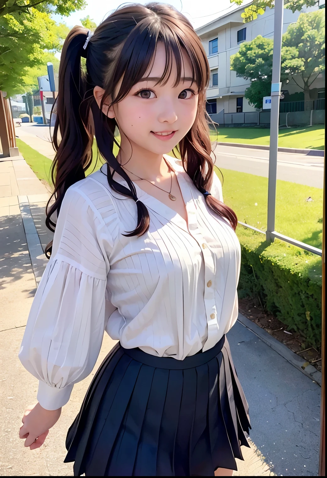 (Highest quality,masterpiece:1.3,Ultra-high resolution),(Very detailed、Caustics) (Realistic:1.4, RAW shooting、)Ultra-Realistic Capture、Very detailed、Natural skin texture、masterpiece、(A Japanese girl wearing a black blouse and pleated skirt:1.3)、Adorable expression、Expressions of happiness、10 years old、heigby Face、Pure girl、Amazinglyn tail hairly Hair、ribbon、Black Hair、Large Breasts、Shining thighs、Shining ass、necklace、Sidewalk in a residential area、Background details、smile、An inviting gaze、(Anatomically correct)、Cowboy Shot、Attention to detail、
