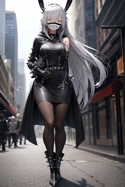 ((best quality)), ((masterpiece)), (detailed), 1 girl, Full body, 18 years old, Depressed face, Silver eyes, Covered eyes, Silver hair, Somewhat long hair, Spiky hair, Bangs, Strand of hair covering eye, Full body, Very tall, Athletic, Small breasts, Slim, Gray zippered hood, Metal spikes, Gray wristbands, Long black gloves with spikes, Gray gothic dress, Gray dress with metal spikes, Metal emblem, Tight fit, Black belt, Black pantyhose, Black boots, Walking through the city, Giant metal spikes sticking out on the street, City background, Gray clothes, Superhero, Anime, Hugging a bunny doll in her arms