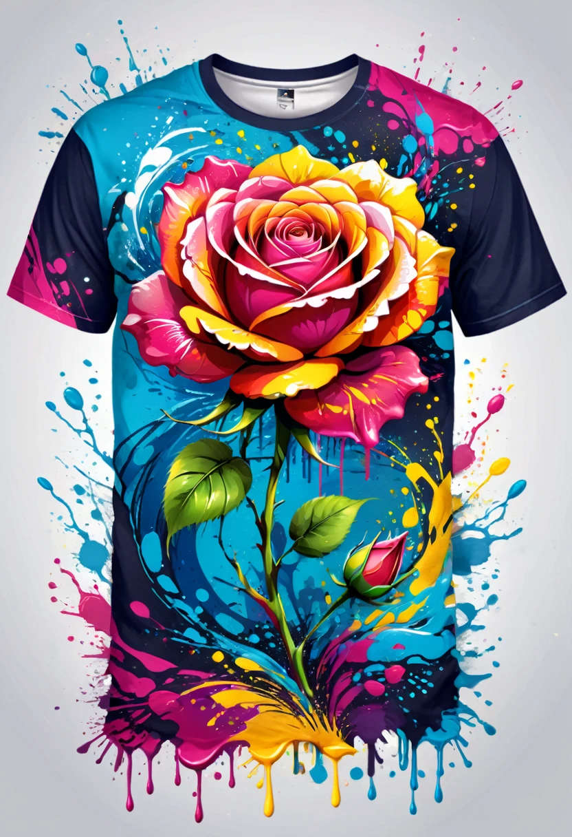 A t-shirt with vector art of a colorful rose illustration, At the center, swirly vibrant colors, paint splashes and smears, high détail,Hawaii Background
(work of art, best qualityer, proffesional, perfect composition, very aesthetic, absurdrez, super verbose, details Intricate:1.3)