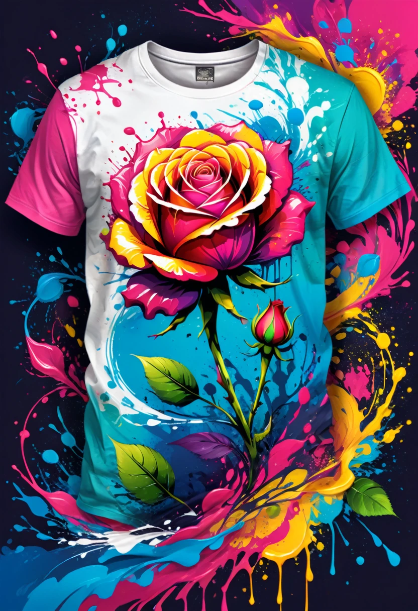 A t-shirt with vector art of a colorful rose illustration, At the center, swirly vibrant colors, paint splashes and smears, high détail,Hawaii Background
(work of art, best qualityer, proffesional, perfect composition, very aesthetic, absurdrez, super verbose, details Intricate:1.3)