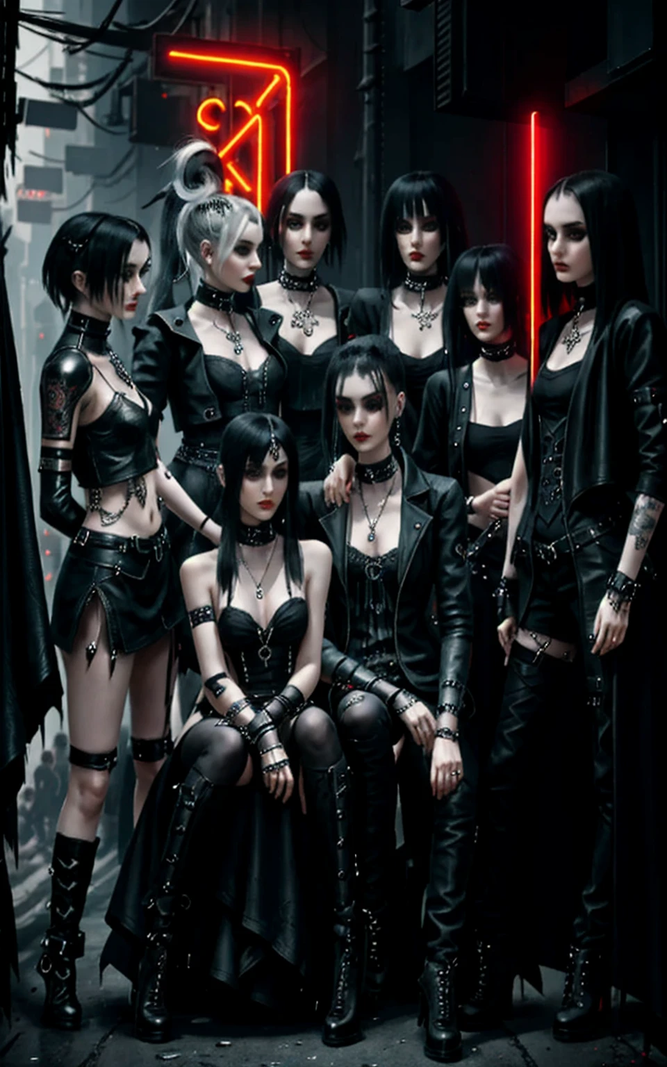 3 Arafed feminine girls dressed in black leather posing for a photo, chanel haired woman, chanel hairstyle, seductive gothic black costume, all black gothic clothes, high fashion, women, gothic clothes, gothic fashion clothes, goth - punk, gothic fashion clothes, emo gothic band, cyberpunk clothes, cyberpunk fashion, cyberpunk horror style, cyberpunk techwear, cyberpunk style