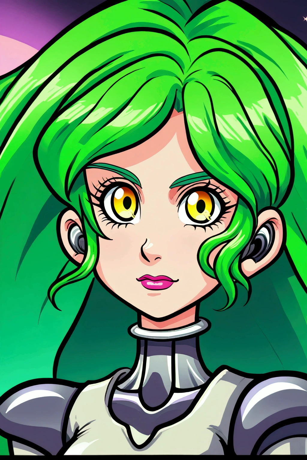 a close up of a cartoon woman with green hair, girl of the zodiac knights, portrait girl of the zodiac knights, portrait anime space cadet girl, girl in space, queen of the galaxy, goddess of the galaxies, cosmic girl, saiyan girl, molly space, on a galaxy-looking background, intergalactic princess, android heroine, cyborg goddess in cosmos