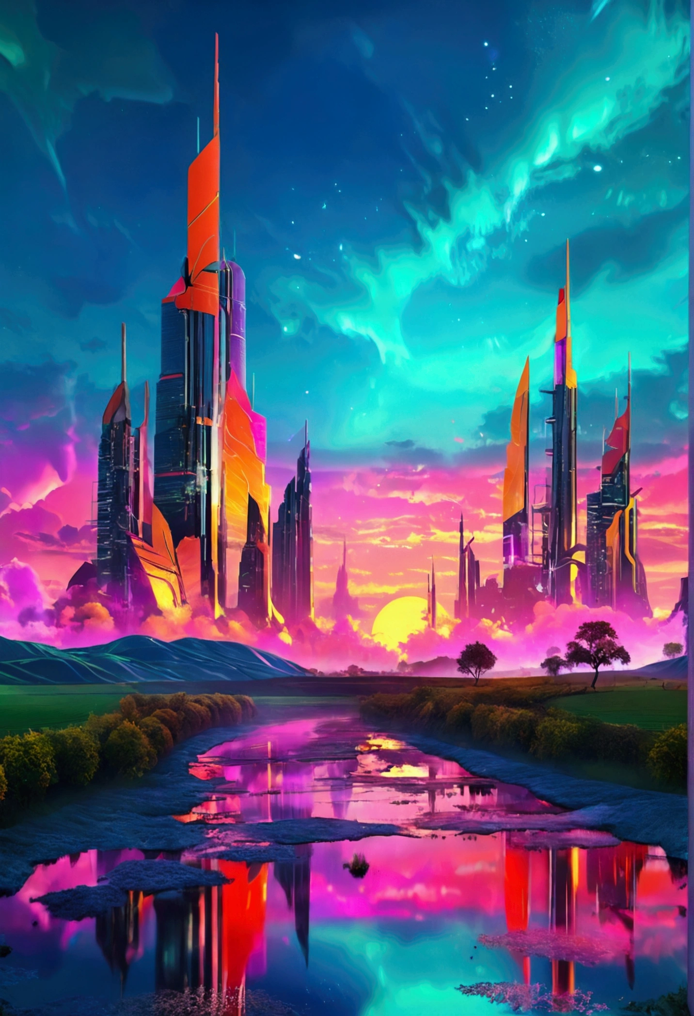 skyline futuristic background, countryside foreground