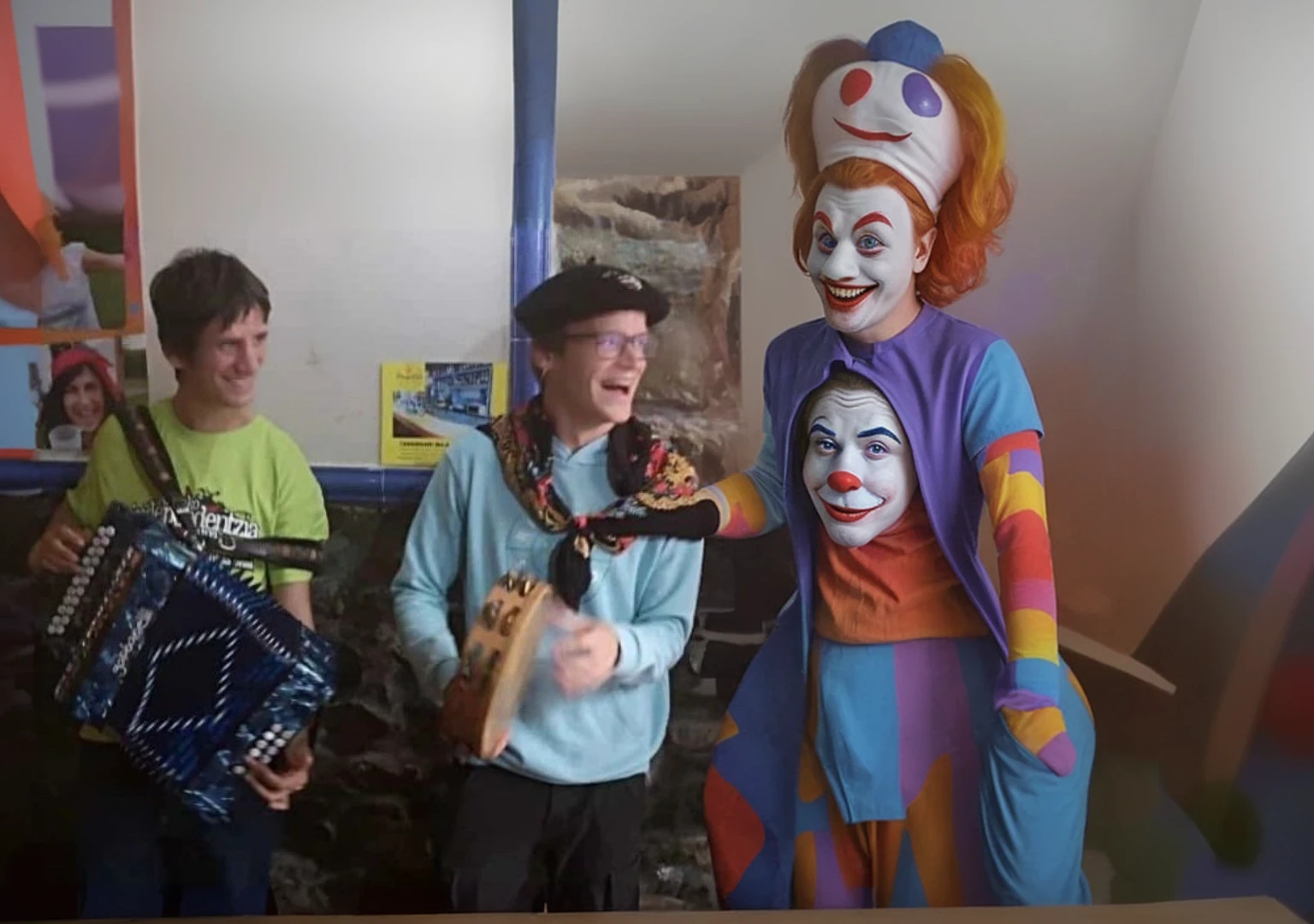 Comedian comedian telling jokes on the right. and a clown.
