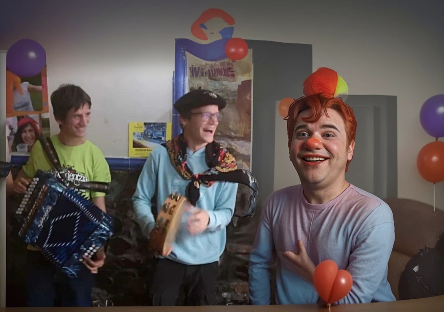 Comedian comedian telling jokes on the right. and a clown.