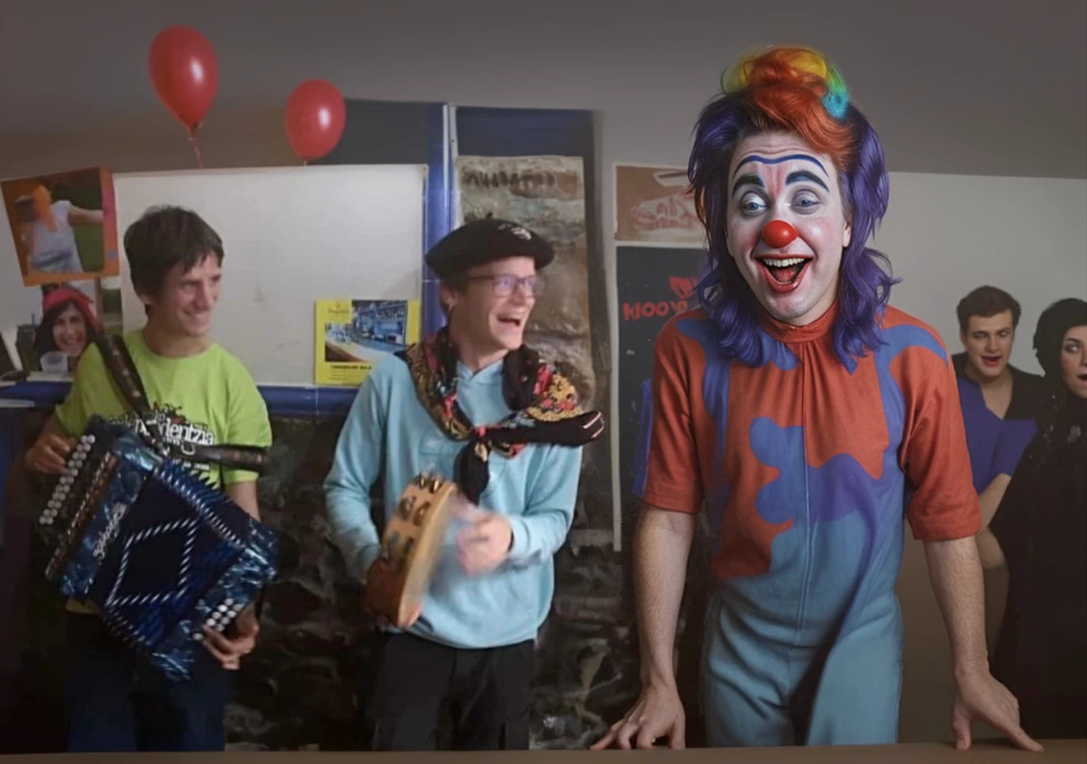 Comedian comedian telling jokes on the right. and a clown.