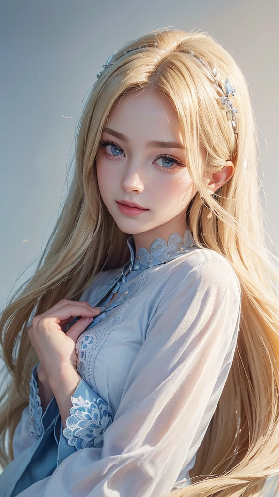 (Hair:Long, blond, and ornamented.
Eyes: Large and expressive with long eyelashes.
Pupils: Sky blue.
Eyebrows: Well-groomed and defined.
Nose: sharp and delicate.
Mouth: slim lips, smiling broadly.
Skin: Smooth and white.
Build: Has a skinny yet plump build.
Face: Youthful, long and oval.
Clothes: Jersey)
(((Realistic, high resolution, carefree, child)))