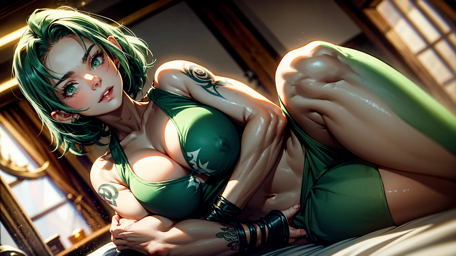 Create a 4K, highly detailed image of an extremely muscular goblin tomboy with light green skin and green eyes. She has shoulder-length messy green hair and medium . The goblin girl is in her bedroom, posing confidently with a brash and happy demeanor. She is wearing a tank top and sleep shorts, showing off her muscular physique. Her beautiful face has a big grin, and she is squeezing her breastser in a seductive, horny pose. Sh scars and red tattoos, adding to her brash and confident look. The room is cozy, with soft lighting and a warm atmosphere.